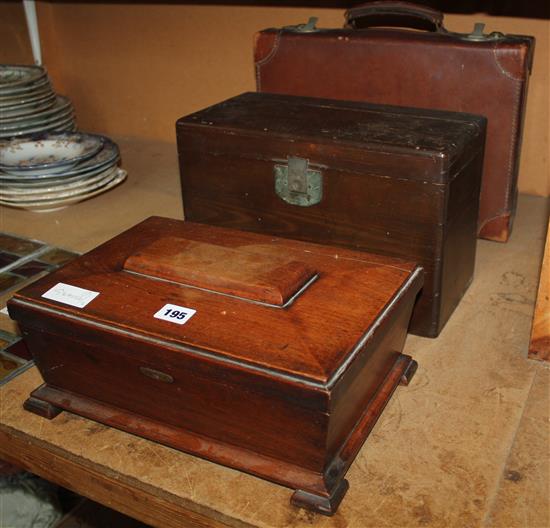 Leather suitcase, box & sign writers box